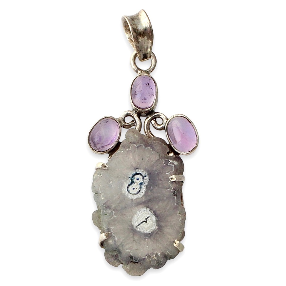 Vintage Solar Quartz & Amethyst Sterling Silver Necklace Pendant